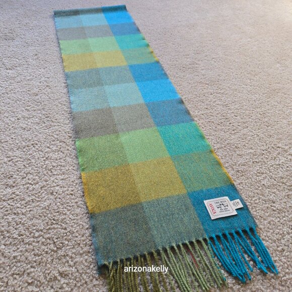 NWOT Avoca Wool Plaid Herringbone Blue Green Woven Scarf - Picture 9 of 14